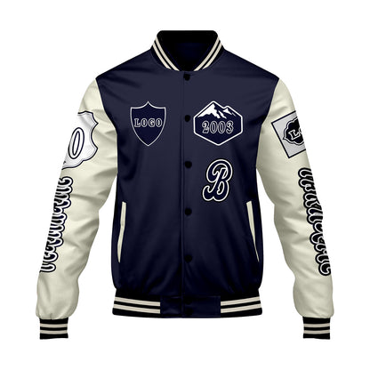 Maßgeschneiderte Marine Weiß Letterman Varsity Jacket Individuelle Stickerei  Druck nach Ihrem Wunsch