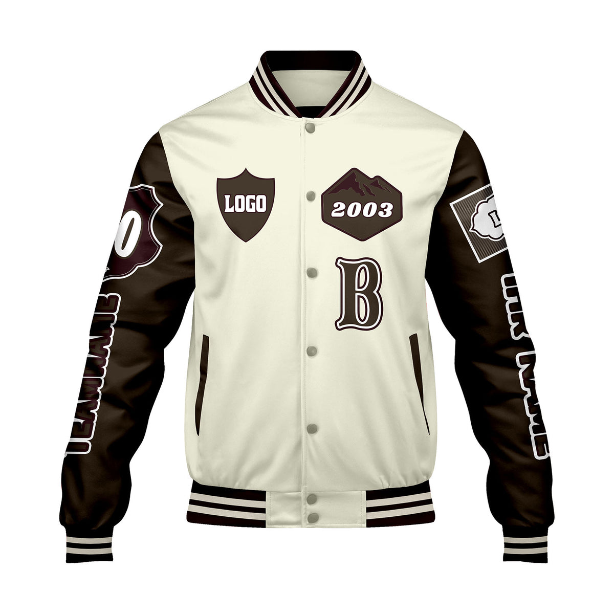 Maßgeschneiderte Weiß Braun Letterman Varsity Jacket Individuelle Stickerei  Druck nach Ihrem Wunsch