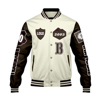 Maßgeschneiderte Weiß Braun Letterman Varsity Jacket Individuelle Stickerei  Druck nach Ihrem Wunsch
