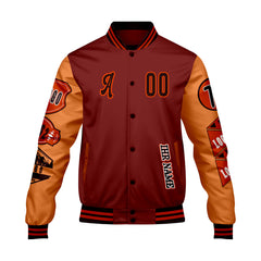 Maßgeschneiderte Burgund Dunkelorange Letterman Varsity Jacket Individuelle Stickerei  Druck nach Ihrem Wunsch