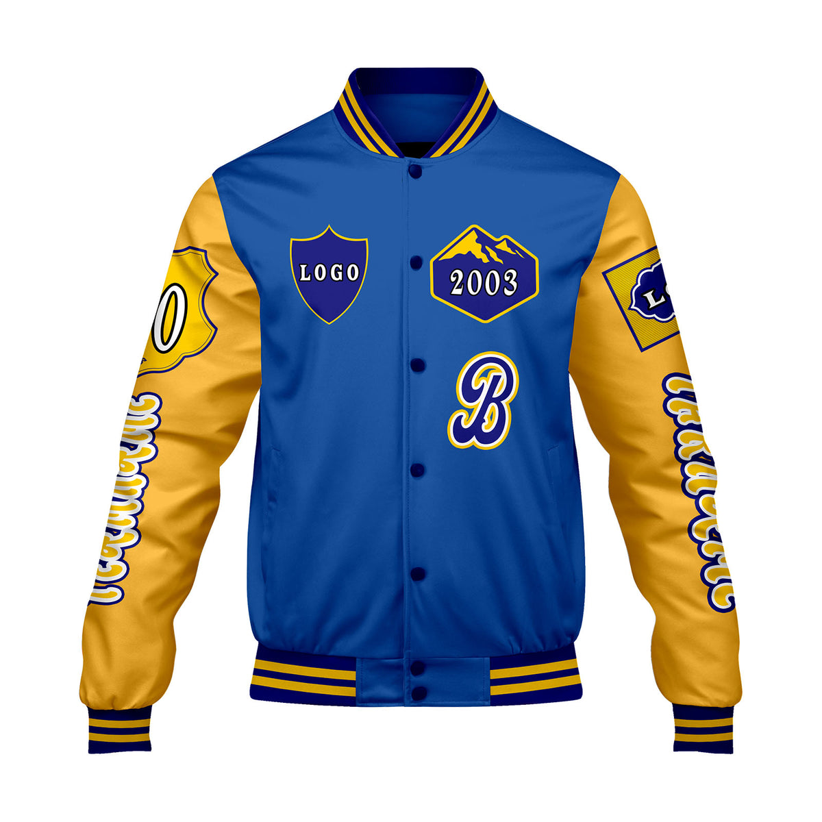 Maßgeschneiderte Blau Gelb Letterman Varsity Jacket Individuelle Stickerei  Druck nach Ihrem Wunsch