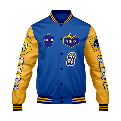 Maßgeschneiderte Blau Gelb Letterman Varsity Jacket Individuelle Stickerei  Druck nach Ihrem Wunsch
