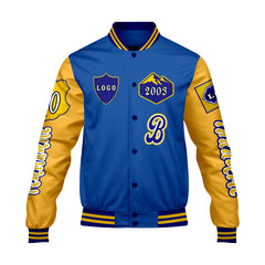 Maßgeschneiderte Blau Gelb Letterman Varsity Jacket Individuelle Stickerei  Druck nach Ihrem Wunsch