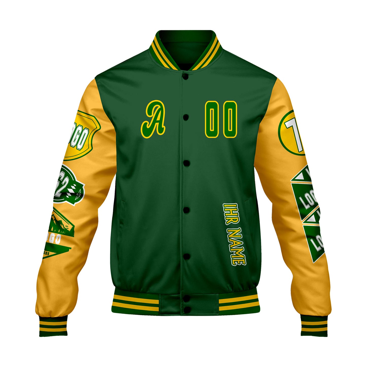 Maßgeschneiderte Grün Gelb Letterman Varsity Jacket Individuelle Stickerei  Druck nach Ihrem Wunsch