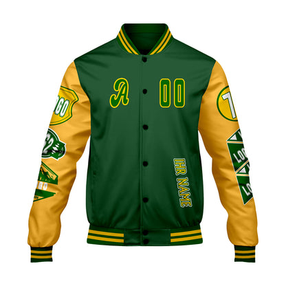 Maßgeschneiderte Grün Gelb Letterman Varsity Jacket Individuelle Stickerei  Druck nach Ihrem Wunsch