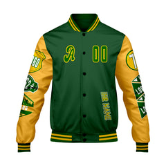 Maßgeschneiderte Grün Gelb Letterman Varsity Jacket Individuelle Stickerei  Druck nach Ihrem Wunsch