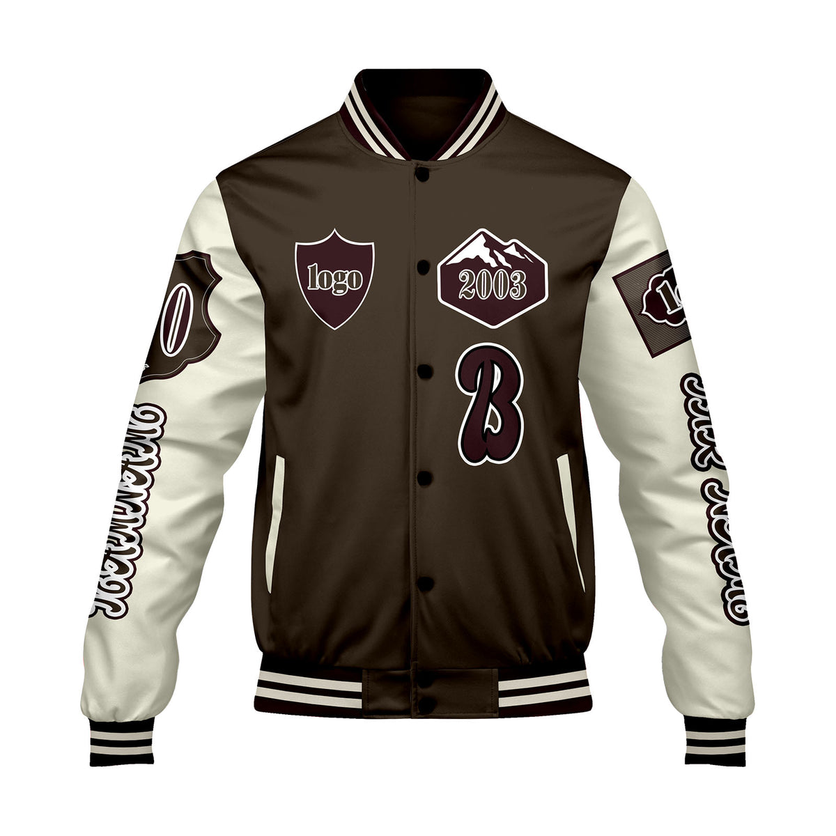 Maßgeschneiderte Braun Weiß Letterman Varsity Jacket Individuelle Stickerei  Druck nach Ihrem Wunsch