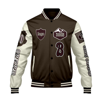 Maßgeschneiderte Braun Weiß Letterman Varsity Jacket Individuelle Stickerei  Druck nach Ihrem Wunsch