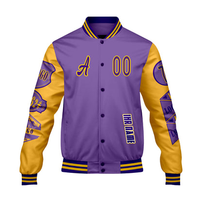 Maßgeschneiderte Lila Gelb Letterman Varsity Jacket Individuelle Stickerei  Druck nach Ihrem Wunsch