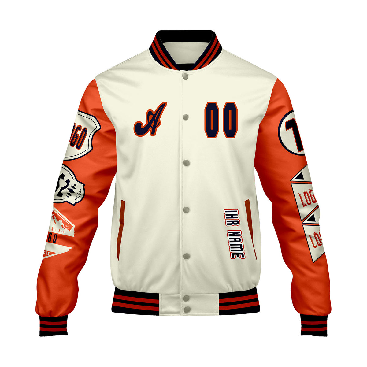 Maßgeschneiderte Weiß Orange Letterman Varsity Jacket Individuelle Stickerei  Druck nach Ihrem Wunsch