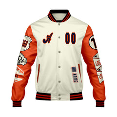 Maßgeschneiderte Weiß Orange Letterman Varsity Jacket Individuelle Stickerei  Druck nach Ihrem Wunsch