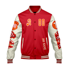 Maßgeschneiderte Rosa Rot Letterman Varsity Jacket Individuelle Stickerei  Druck nach Ihrem Wunsch
