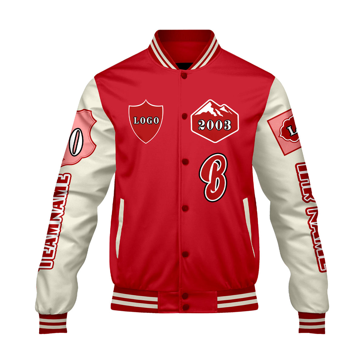 Maßgeschneiderte Rot Weiß Letterman Varsity Jacket Individuelle Stickerei  Druck nach Ihrem Wunsch