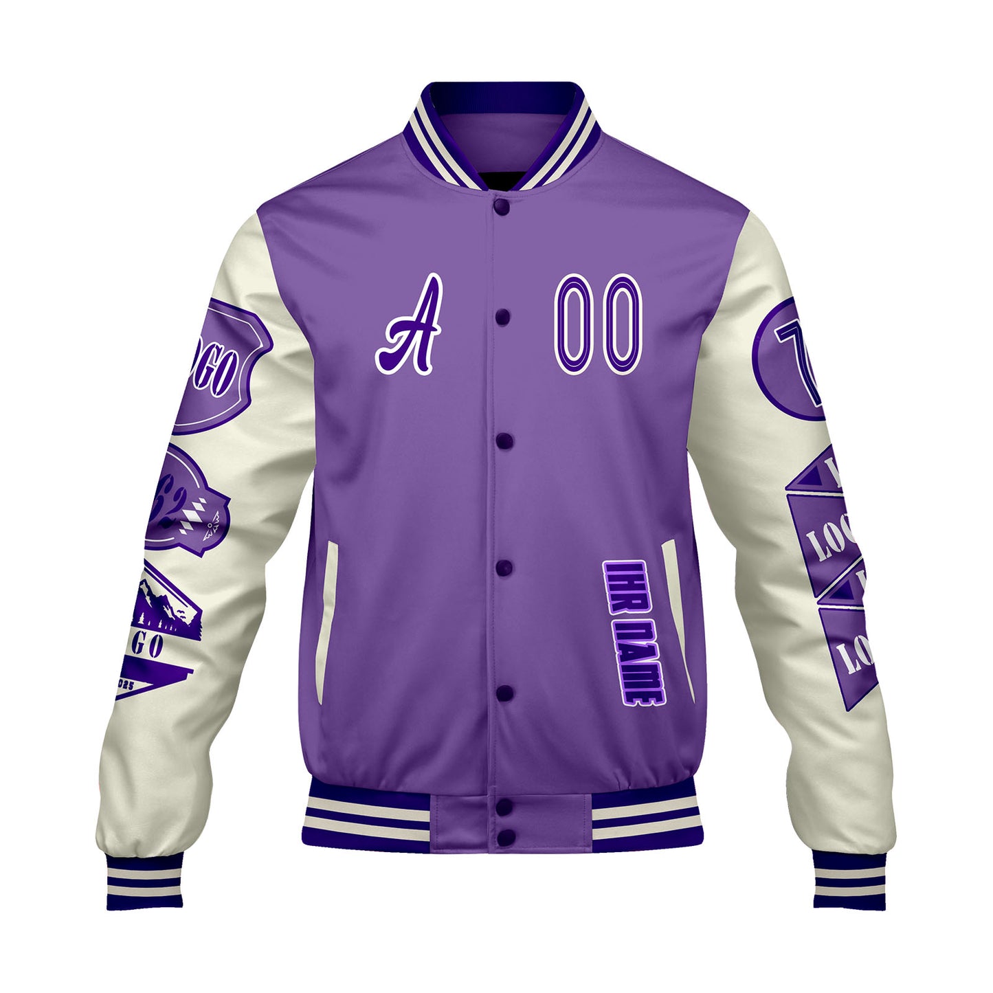 Maßgeschneiderte Lila Weiß Letterman Varsity Jacket Individuelle Stickerei  Druck nach Ihrem Wunsch