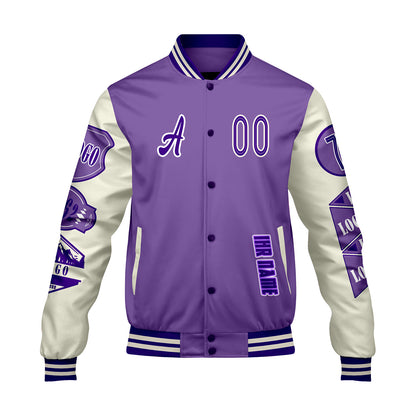Maßgeschneiderte Lila Weiß Letterman Varsity Jacket Individuelle Stickerei  Druck nach Ihrem Wunsch