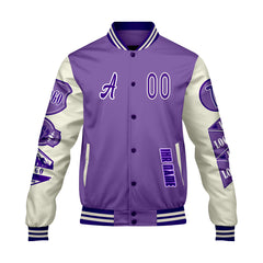 Maßgeschneiderte Lila Weiß Letterman Varsity Jacket Individuelle Stickerei  Druck nach Ihrem Wunsch