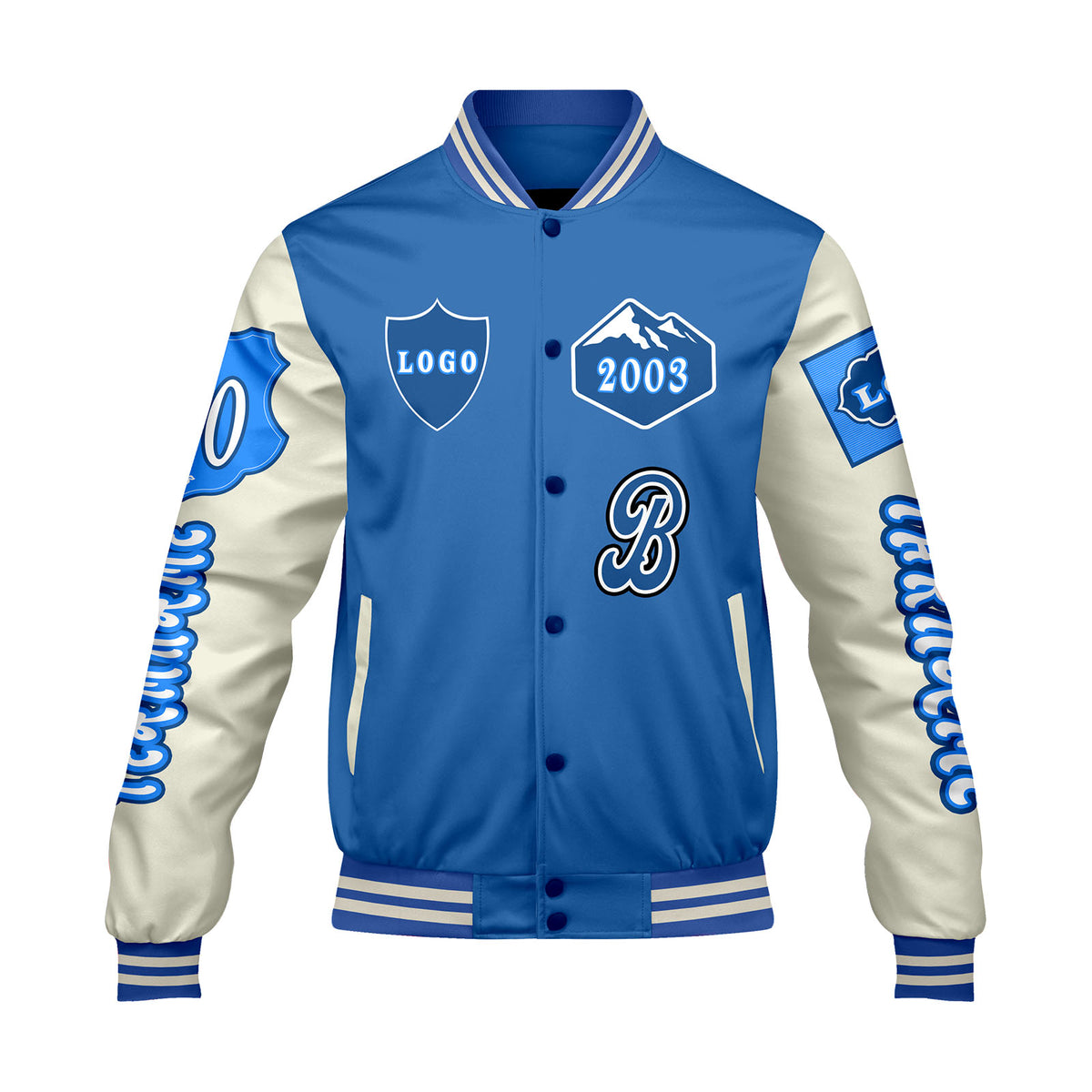 Maßgeschneiderte Blau Weiß Letterman Varsity Jacket Individuelle Stickerei  Druck nach Ihrem Wunsch