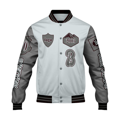 Maßgeschneiderte Grau Letterman Varsity Jacket Individuelle Stickerei  Druck nach Ihrem Wunsch