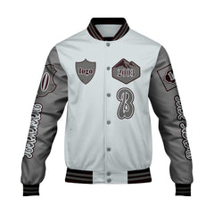 Maßgeschneiderte Grau Letterman Varsity Jacket Individuelle Stickerei  Druck nach Ihrem Wunsch