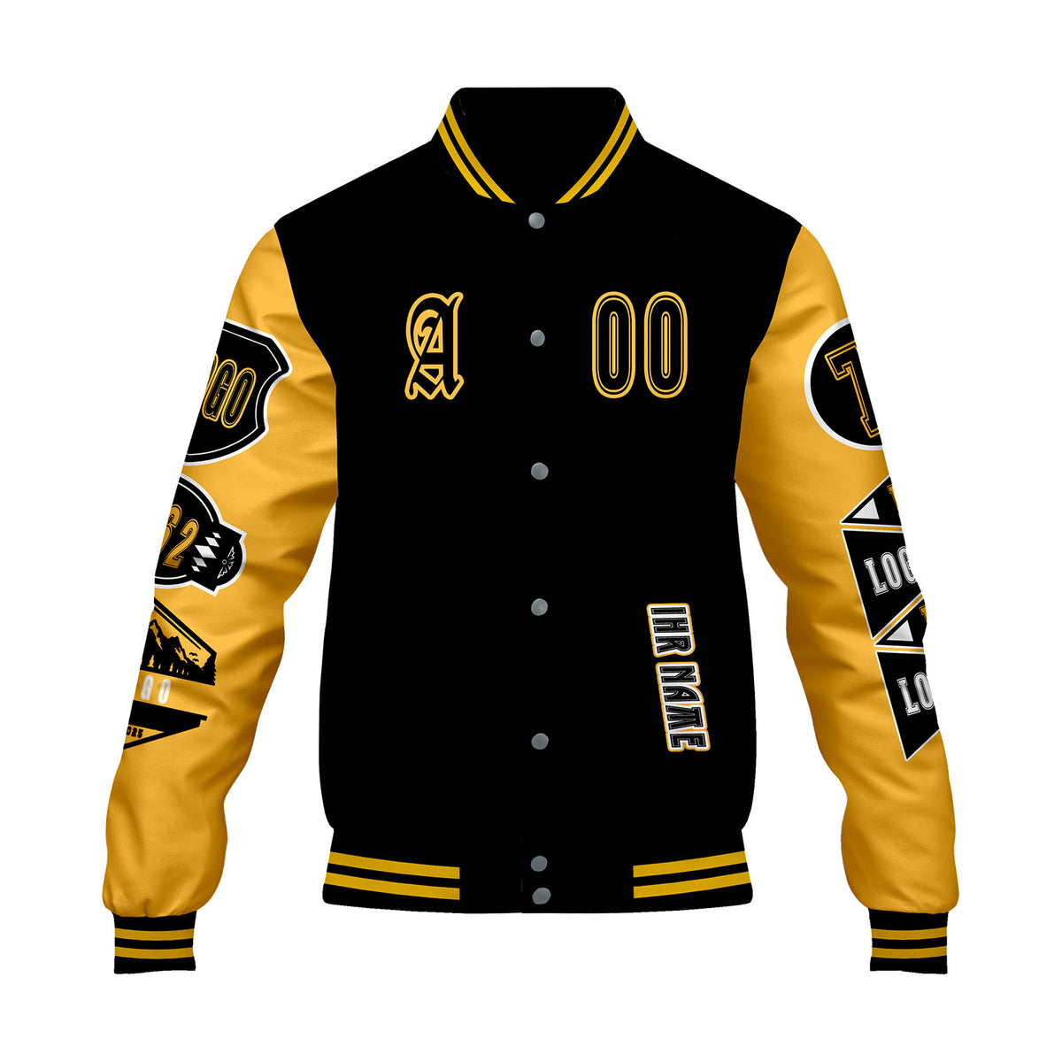 Maßgeschneiderte Schwarz Gelb Letterman Varsity Jacket Individuelle Stickerei  Druck nach Ihrem Wunsch