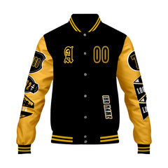 Maßgeschneiderte Schwarz Gelb Letterman Varsity Jacket Individuelle Stickerei  Druck nach Ihrem Wunsch