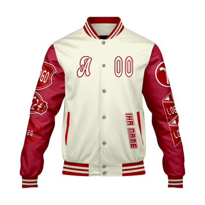 Maßgeschneiderte Weiß Rot Letterman Varsity Jacket Individuelle Stickerei  Druck nach Ihrem Wunsch