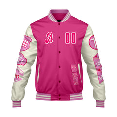 Maßgeschneiderte Rosa Weiß Letterman Varsity Jacket Individuelle Stickerei  Druck nach Ihrem Wunsch