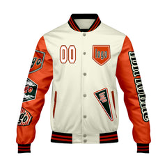Maßgeschneiderte Weiß Orange Letterman Varsity Jacket Individuelle Stickerei  Druck nach Ihrem Wunsch