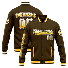 Benutzerdefinierte Varsity-Jacke. Letterman-Jacke für Männer, Frauen und Jugendliche Braun Gelb