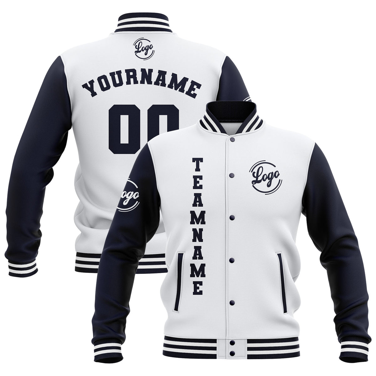 Benutzerdefiniert  Weiß Marine Wasserdichte Varsity Jacken Personalisiert genäht Name Nummer Logo zu Letterman Jacken