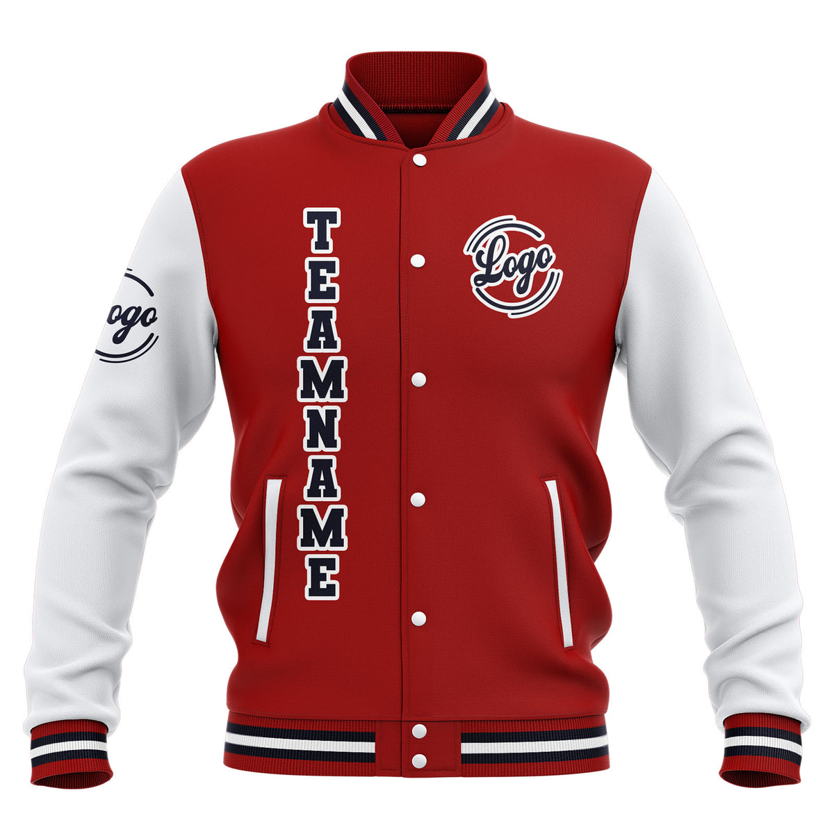 Benutzerdefiniert Rot Weiß Marine Wasserdichte Varsity Jacken Personalisiert genäht Name Nummer Logo zu Letterman Jacken