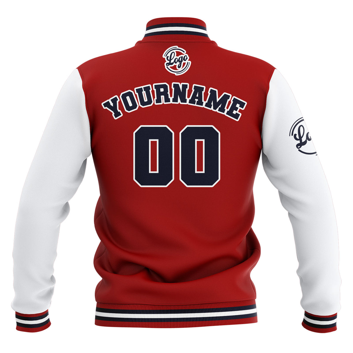 Benutzerdefiniert Rot Weiß Marine Wasserdichte Varsity Jacken Personalisiert genäht Name Nummer Logo zu Letterman Jacken