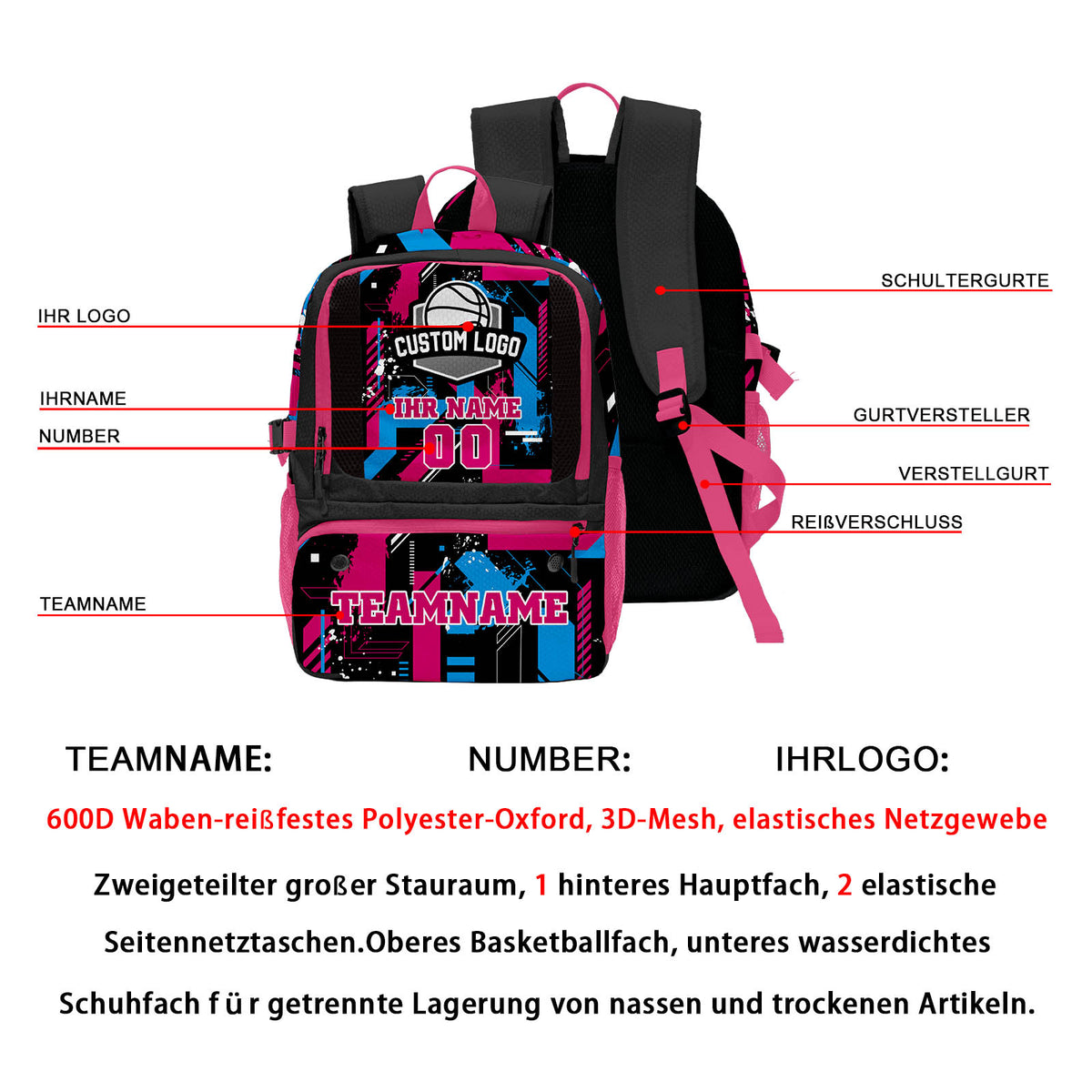 Individuell gestalteter Basketball - und Fußballrucksack in Schwarz & Rosenrot und Blau mit Spielernamen & Nummern und Teamlogo #BP-0919-0003