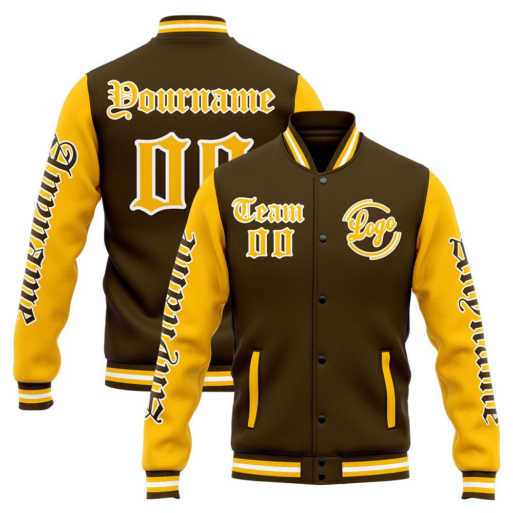 Benutzerdefinierte Varsity-Jacke. Letterman-Jacke für Männer, Frauen und Jugendliche Braun Gelb