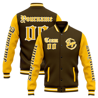 Benutzerdefinierte Varsity-Jacke. Letterman-Jacke für Männer, Frauen und Jugendliche Braun Gelb