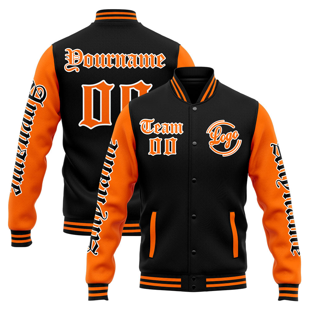 Benutzerdefinierte Varsity-Jacke. Letterman-Jacke für Männer, Frauen und Jugendliche Orange Schwarz