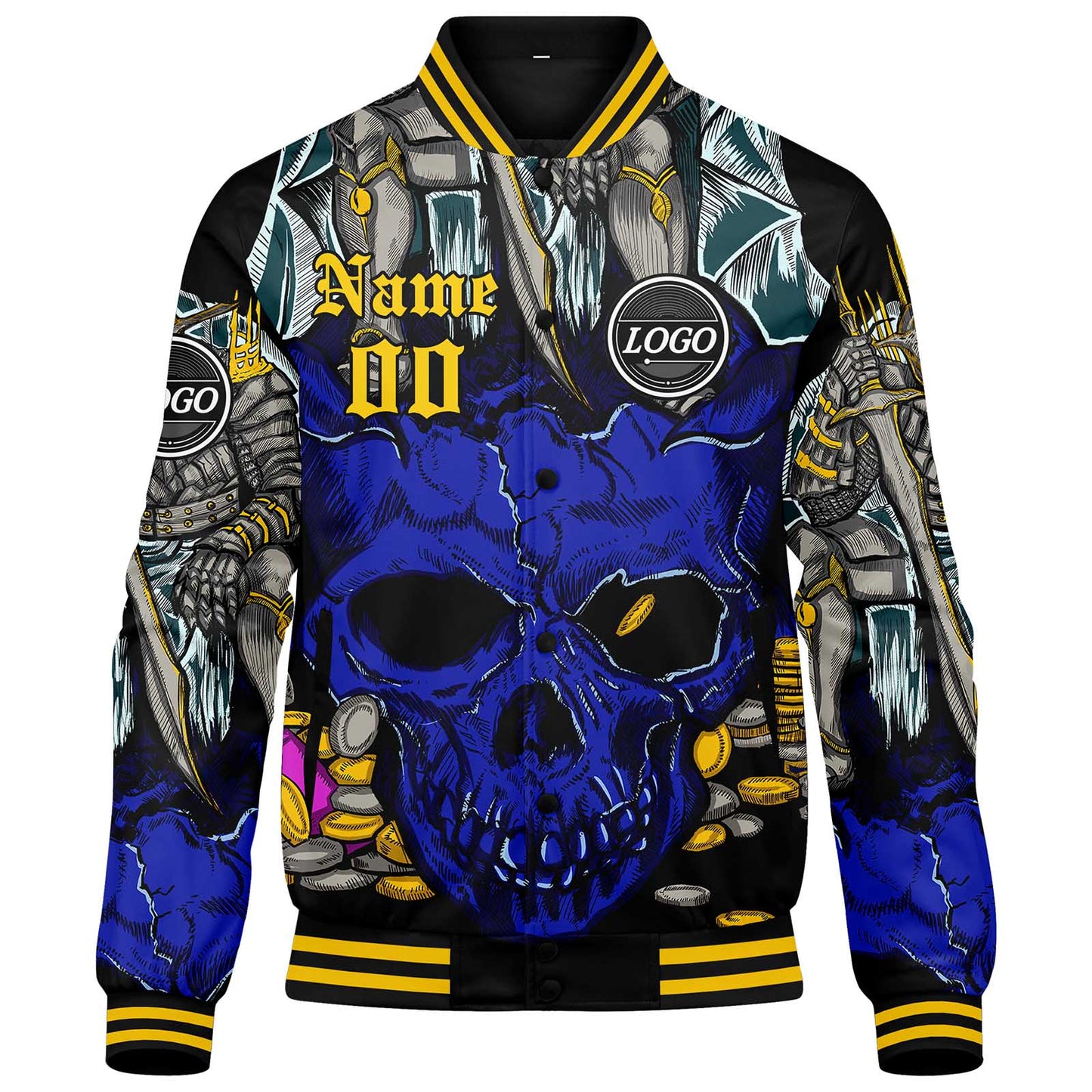 Benutzerdefinierte Verlauf Varsity-Jacke. Letterman-Jacke Royal Gelb
