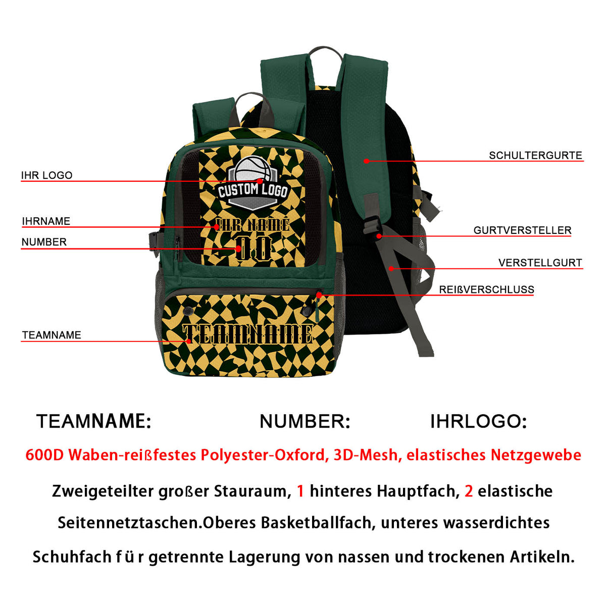 Personalisierter Basketball - und Fußballrucksack in Olivgrün und Gold mit Spielernamen & Nummern und Teamlogo #BP-0919-0022