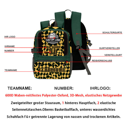 Personalisierter Basketball - und Fußballrucksack in Olivgrün und Gold mit Spielernamen & Nummern und Teamlogo #BP-0919-0022