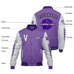 Maßgeschneiderte Lila Grau Letterman Varsity Jacket Individuelle Stickerei Druck nach Ihrem Wunsch