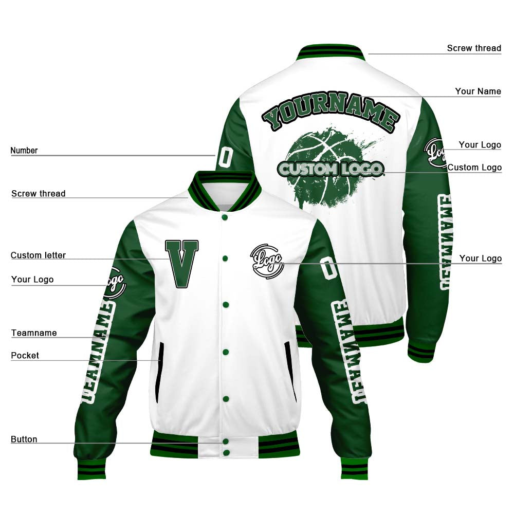Maßgeschneiderte Weiß Grün Letterman Varsity Jacket Individuelle Stickerei Druck nach Ihrem Wunsch