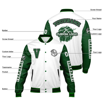 Maßgeschneiderte Weiß Grün Letterman Varsity Jacket Individuelle Stickerei Druck nach Ihrem Wunsch