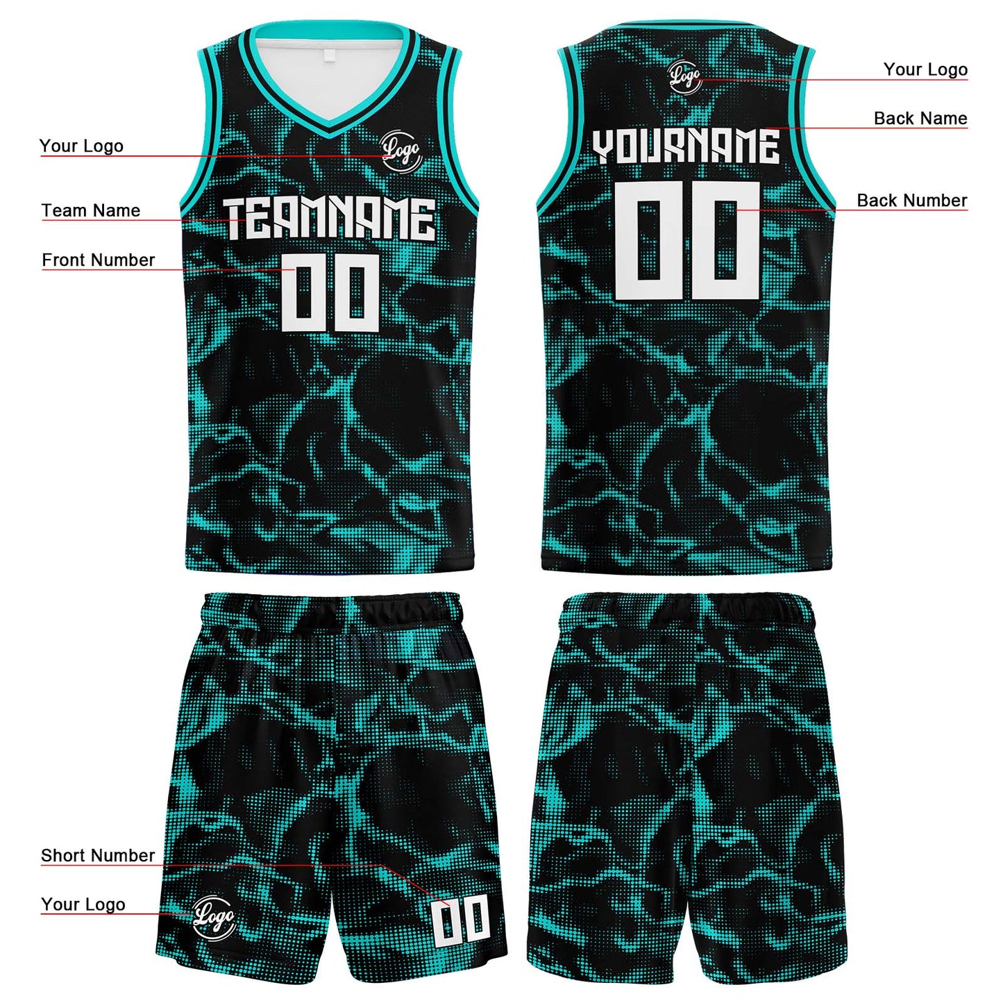 Benutzerdefinierter Schwarz Teal Basketball Jersey Uniform Anzug gedruckt Ihr Logo Name Nummer