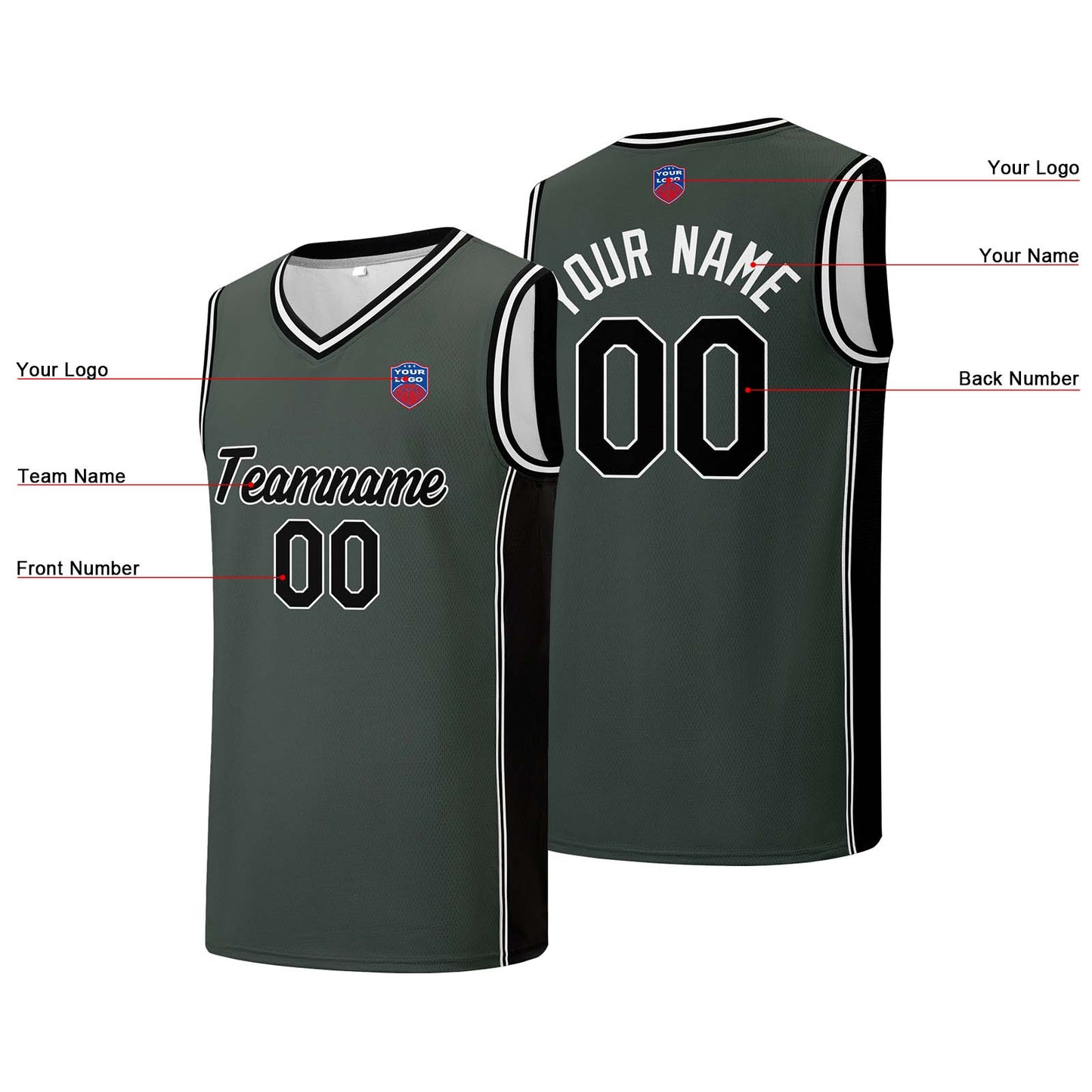 Individuelle Basketball-Jersey-Shorts für Männer und Frauen. Gestickter und gedruckter Name, Nummer und Logo Grau&Schwarz