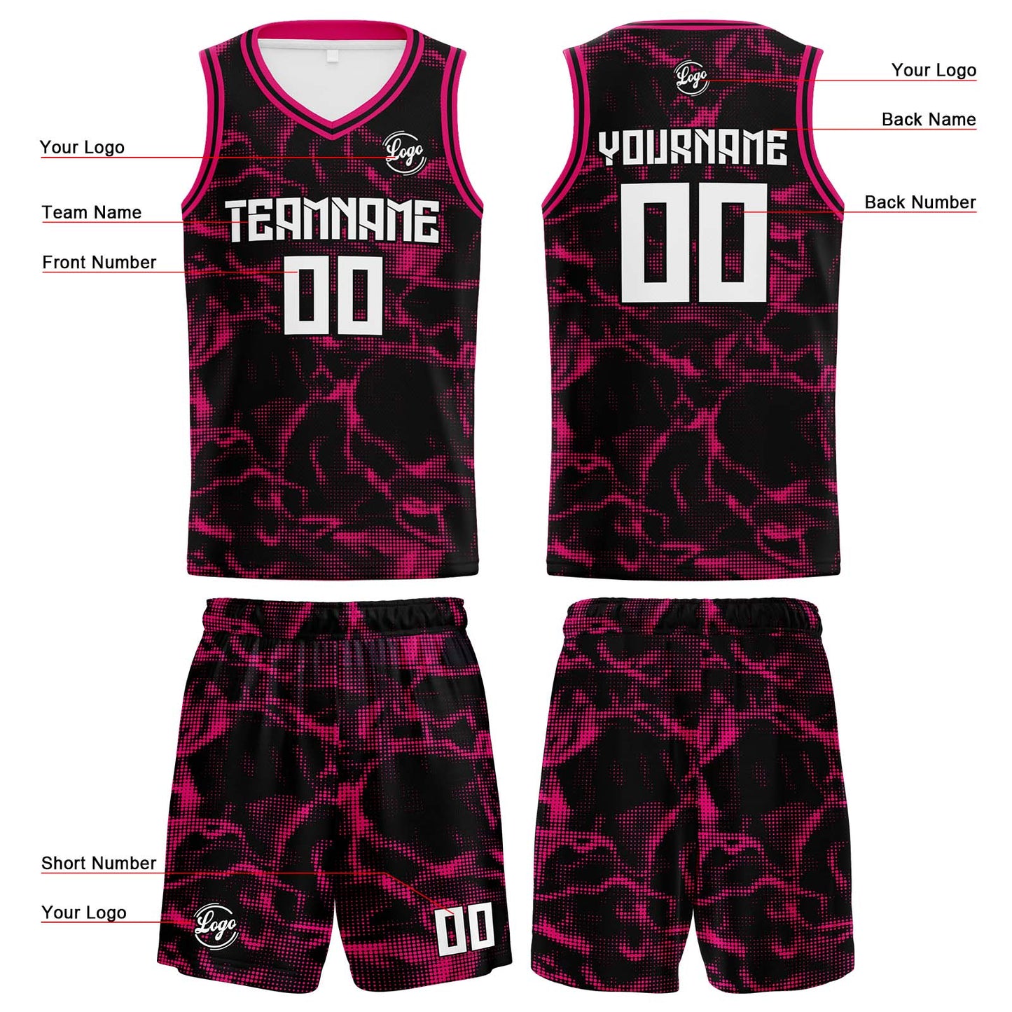 Benutzerdefinierter Schwarz Rosa Basketball Jersey Uniform Anzug gedruckt Ihr Logo Name Nummer