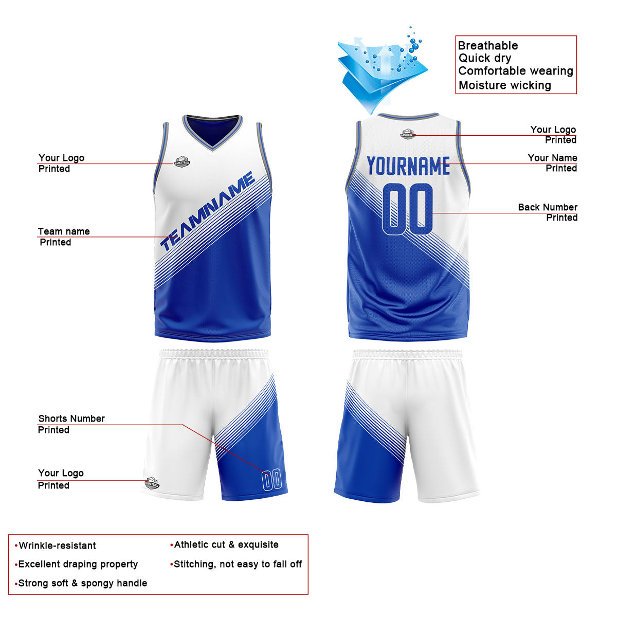 Benutzerdefinierte Weiß Blau Reversible Basketball Jersey Personalisierte Print Name Nummer Logo