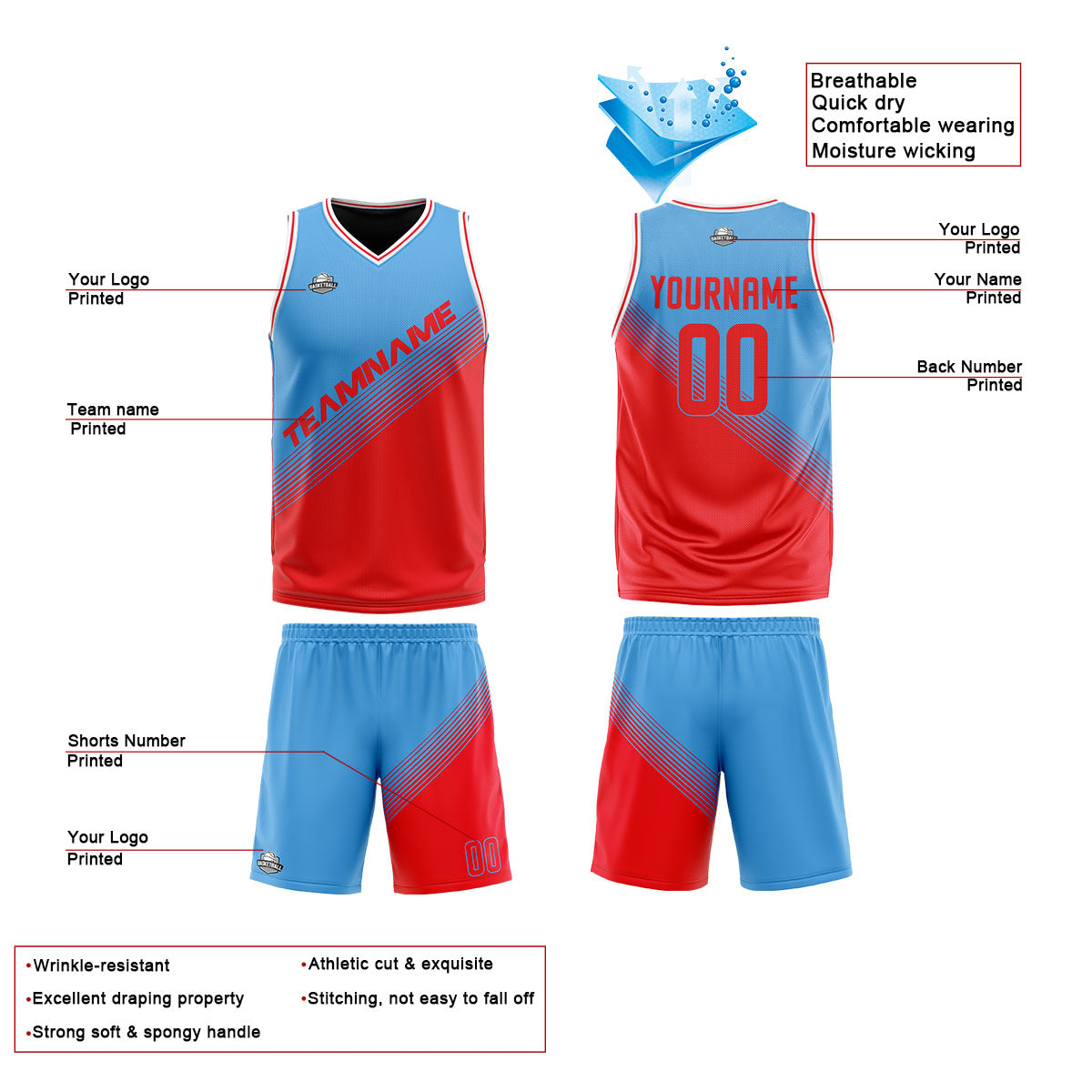 Benutzerdefinierte Blau Rot Reversible Basketball Jersey Personalisierte Print Name Nummer Logo