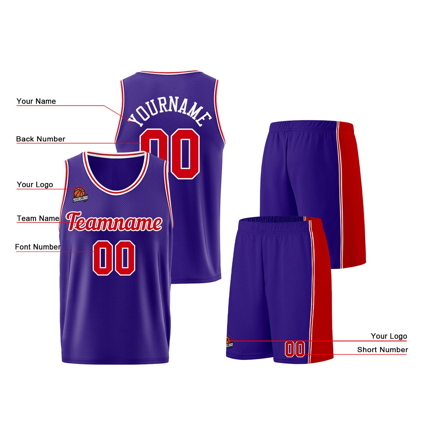 Individuelle Lila Rot Basketball Jersey Shorts für Männer und Frauen Gestickter und gedruckter Name, Nummer und Logo