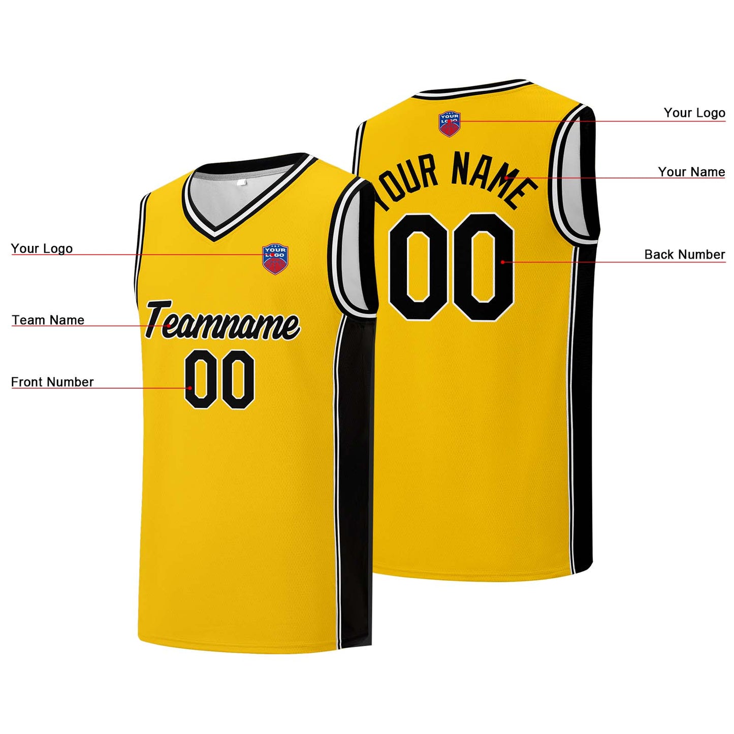 Individuelle Basketball-Jersey-Shorts für Männer und Frauen. Gestickter und gedruckter Name, Nummer und Logo Gelb