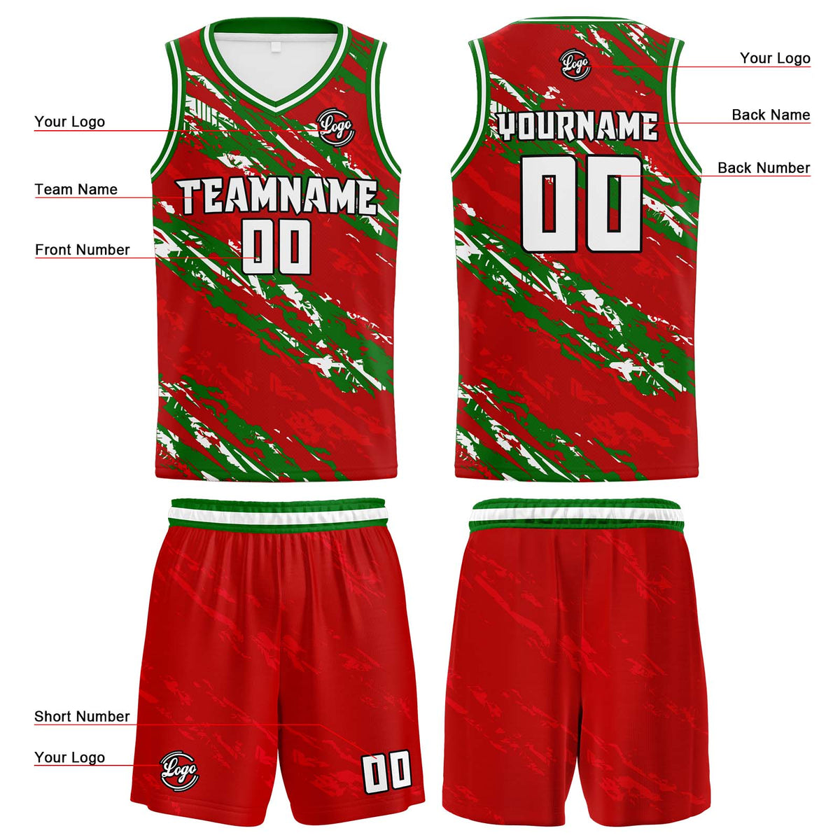 Benutzerdefinierter Rot Grün Basketball Jersey Uniform Anzug gedruckt Ihr Logo Name Nummer